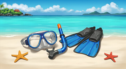Diving equipment resting on a tropical beach. Colorful snorkeling gear and flippers lie on the soft sand with a vibrant ocean backdrop.