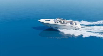 White speedboat in motion on a deep blue ocean. Fast-moving motorboat with wake on a tranquil sea. Luxury watercraft for a yacht owner. ocean.
