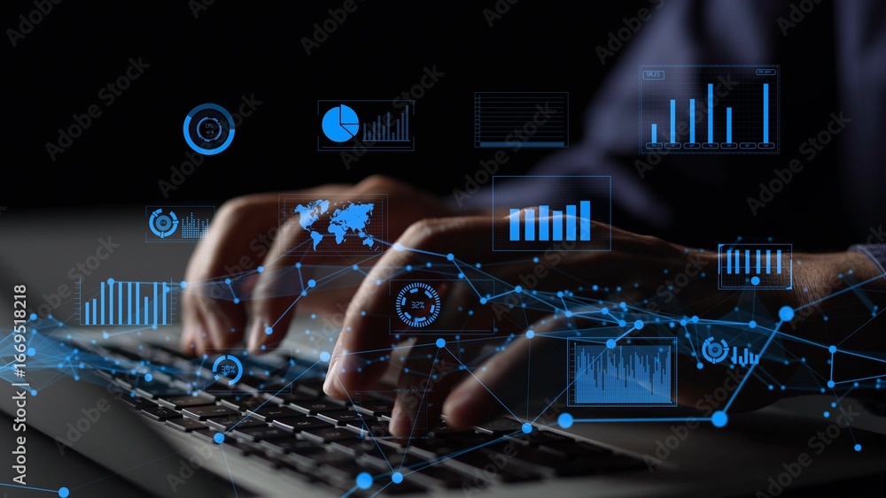 Poster close-up of hands typing on a keyboard surrounded by digital data visualization elements, illustrati