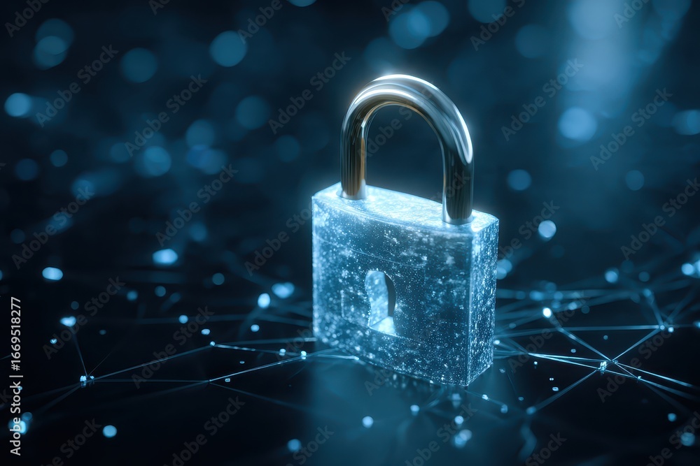Poster network protection concept showcasing an abstract visual of a padlock surrounded by glowing connecti