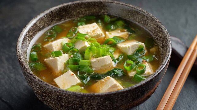 Miso Soup: A captivating image of miso soup showcasing a rich and flavorful broth, featuring cubed tofu and fresh green onion garnishes. The bowl is artfully positioned.