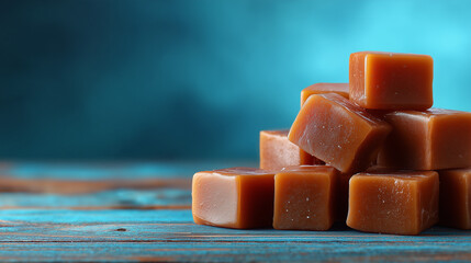National Caramel Month, caramel candies stacked neatly on rustic wooden table
