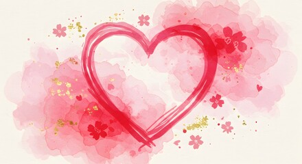 Artistic watercolor illustration of a vibrant red painted heart with delicate pink cherry blossoms and golden flecks, symbolizing love and affection