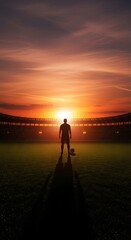 Obraz premium Silhouette of a Soccer Player Standing Alone on a Football Field at Sunset