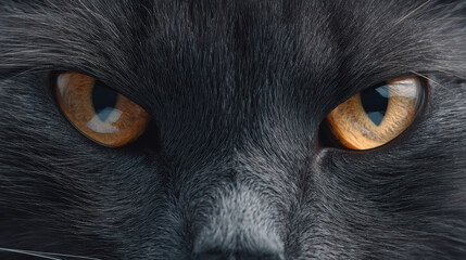 Black cat closeup with bright amber eyes and soft fur texture