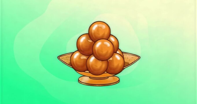 After static view 3D seven-sphere orange pyramid rotating to showcase symmetry against gradient