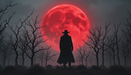 Silhouette of Man in Hat Before Giant Red Moon cowboy hat