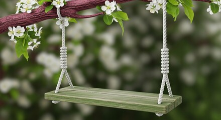 Empty swing hanging from flowering tree branch, inviting peaceful relaxation