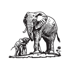 Mother and Baby Elephant Silhouette Vector Illustration, African Wildlife Family Graphic
