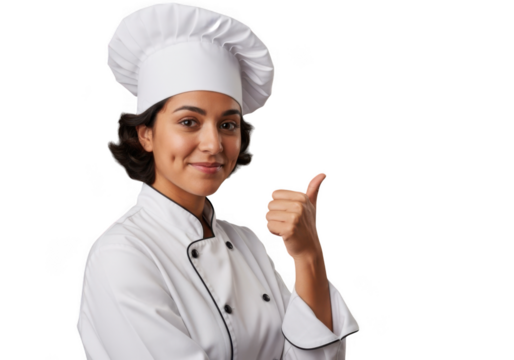 Young female chef in uniform giving a thumbs up gesture, isolated on transparent background