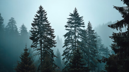 Misty forest with tall pine trees in calm and eerie atmosphere