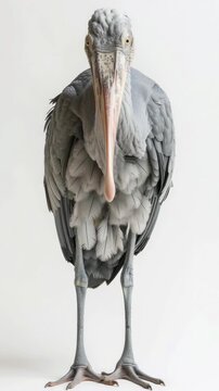 Shoebill bird standing upright with grey feathers against white background  
