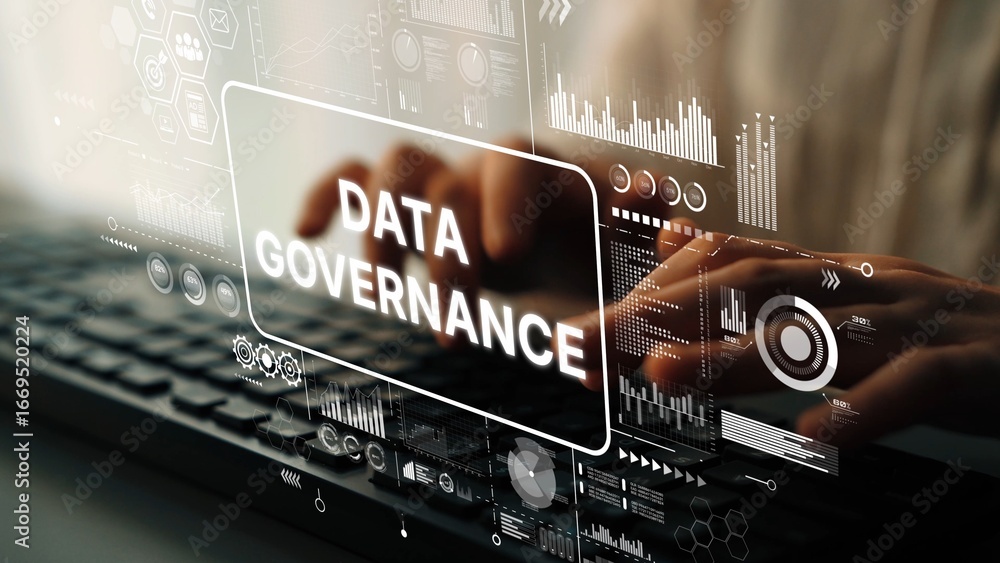 Poster data governance concept with digital interface and keyboard presenting modern business solutions and