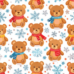 Fototapeta premium Winter holiday background with teddy bears in scarves and snowflakes repeating seamless pattern