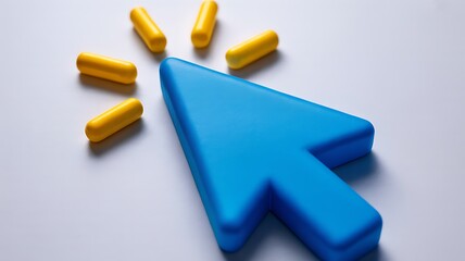 Blue Cursor and Yellow Pills on White Background