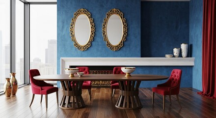 Elegant dining room with ornate mirrors, red chairs, and city view backdrop