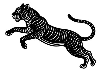 Obraz premium Tiger Jumping Silhouette Linocut | Dynamic Predator SVG
