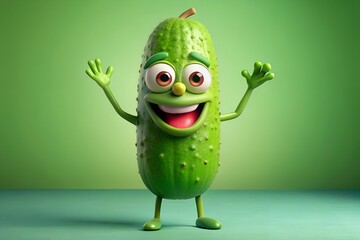 Happy Pickle Cartoon Character with Arms Raised on Green Background Studio Shot