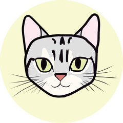 アメリカンショートヘアの正面顔ベクターイラスト(背景は丸型アイコン)	
