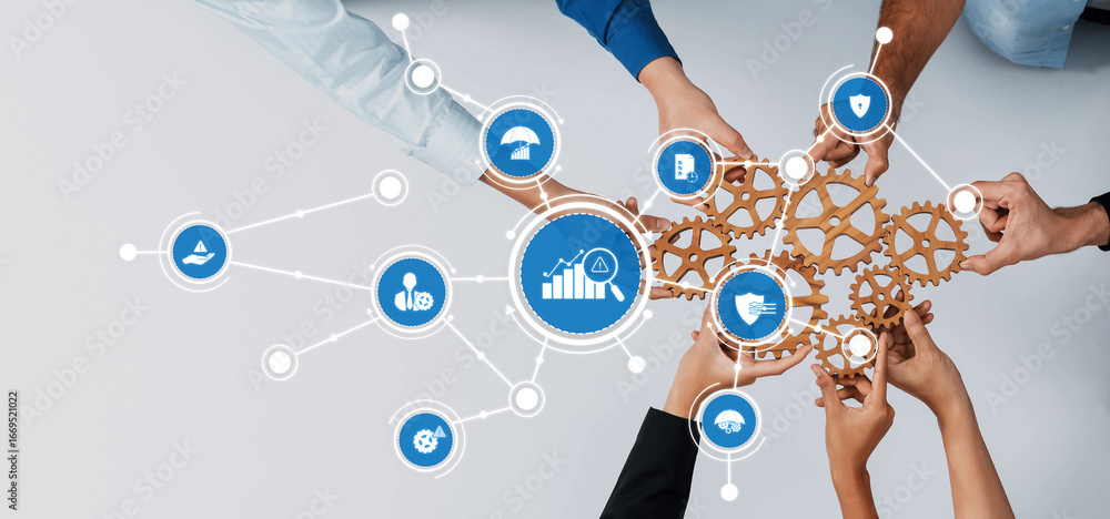 Poster diverse hands collaborate using gears and digital icons to symbolize teamwork and innovative managem