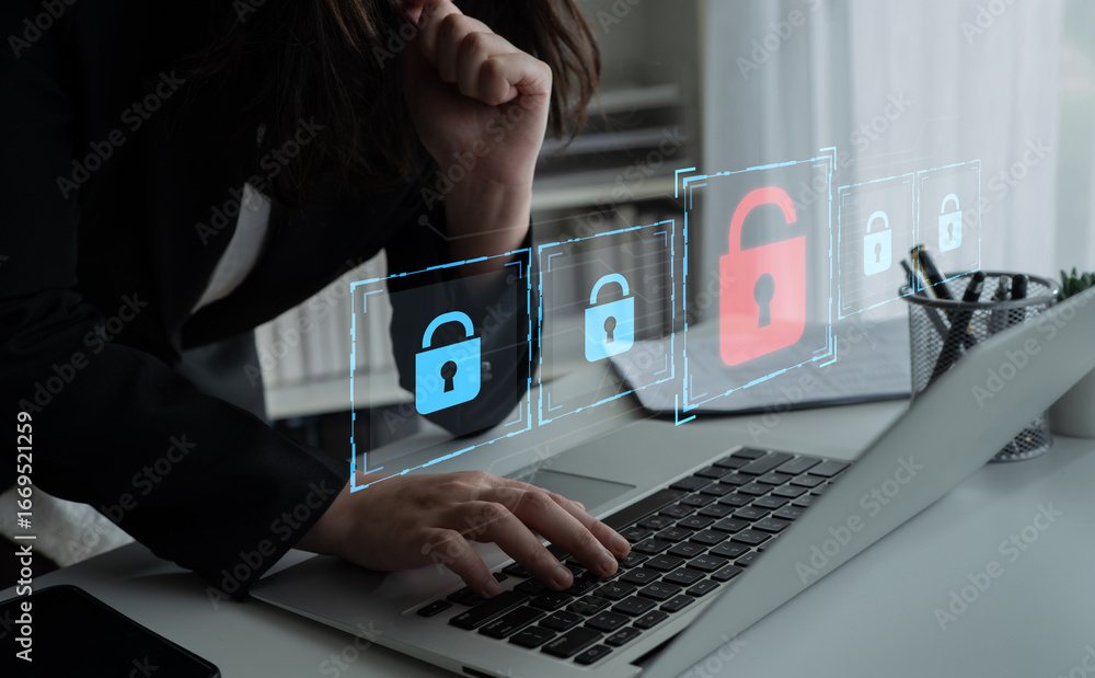 Poster digital security concept illustrating a cybersecurity breach, with a red unlocked padlock indicating