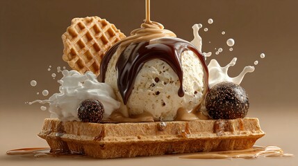 Waffle with ice cream and caramel