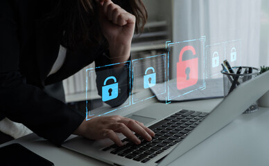 Digital security concept illustrating a cybersecurity breach, with a red unlocked padlock indicating data exposure among secure systems, emphasizing system vulnerability and risk Latch