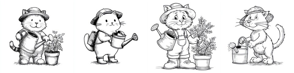 Fototapeta premium Cute illustrated cats and a dog in gardening outfits watering and tending to potted plants and flowers, black and white sketch style for outdoor activity or nature themed projects