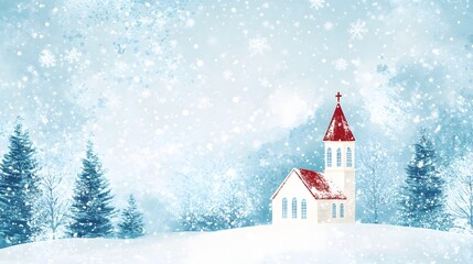 Snow Covered Country Church in Peaceful Winter Landscape with Falling Snow perfect for Christmas cards, seasonal advertising, winter travel promotions and holiday event invitations
