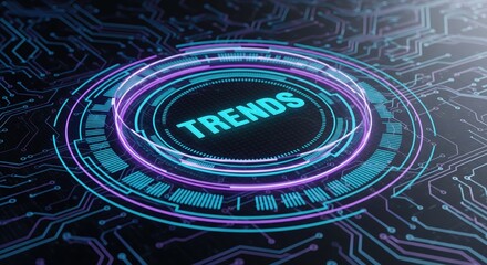 Digital Trends: a futuristic, glowing, circular interface display the word 'TRENDS,' suggesting innovation, future direction, and market focus. The image.