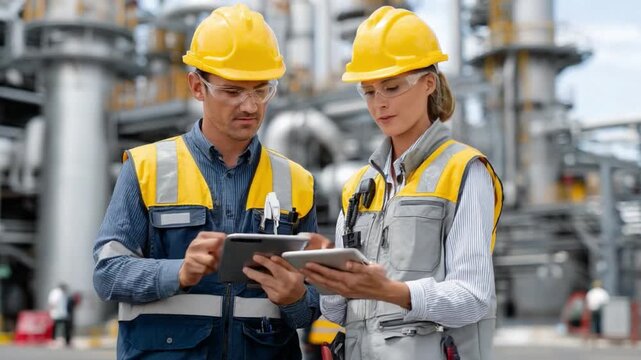 Oil Rig Inspection: A pair of dedicated professionals, adorned in safety attire, intently examines tablets against the expansive backdrop of an industrial facility, showcasing focus and commitment.