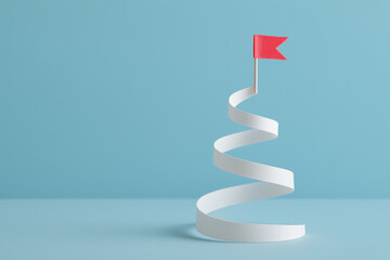 Business growth and financial success illustrated by spiral paper path with red flag symbolizing startup concept and investment growth in minimal blue background