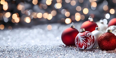 Red and White Glittery Christmas Baubles on Snow with Bokeh Lights perfect for holiday advertising, festive greeting cards, winter invitations and seasonal decoration designs