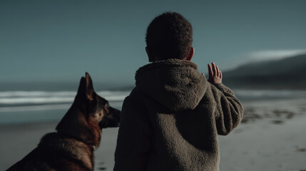 young boy waves goodbye to his loyal dog before leaving deserted beach bittersweet farewell