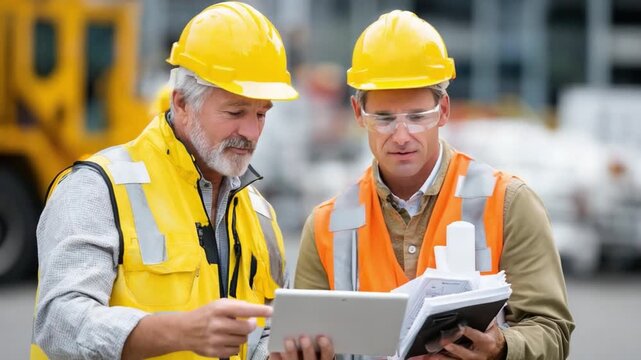 Building Blueprint Review: Two construction professionals, clad in safety gear, intently study blueprints on a construction site, their faces etched with focused determination.