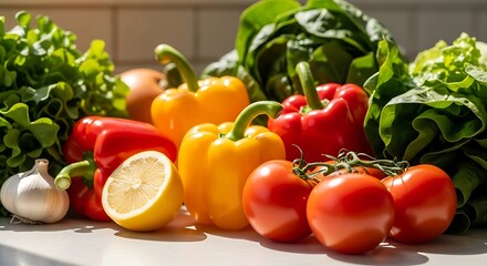 Fresh assortment of vibrant bell peppers tomatoes lettuce and lemon