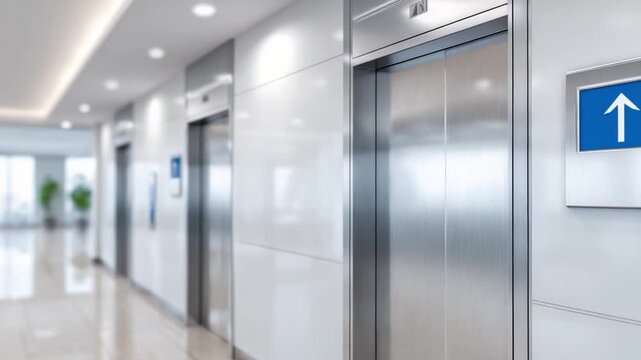 Modern Elevator Hallway: A contemporary indoor scene showcases a row of sleek, modern elevators. Polished metal doors and clear signage, the scene blends functionality with aesthetics.
