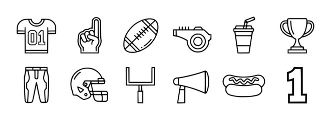 American Football Game Icons Featuring Jersey, Helmet, Ball, Whistle, Trophy And Hot Dog