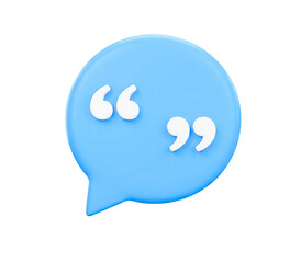 "3D Blue Speech Bubble with Quotation Marks Icon on White Background"