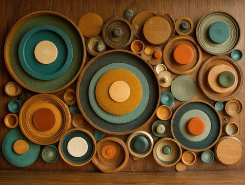 Wooden circles in concentric layers, various colors - Powered by Adobe