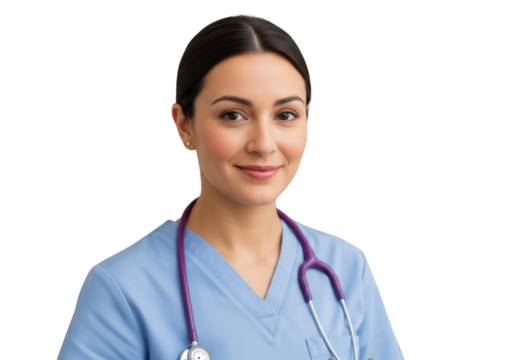 A friendly female doctor or nurse wearing blue scrubs and a stethoscope, isolated on transparent background