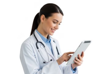 Smiling female doctor in white coat with stethoscope using a tablet, isolated on transparent background