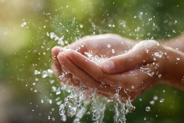 Fototapeta premium Hands catching splashing water in a sunny garden.