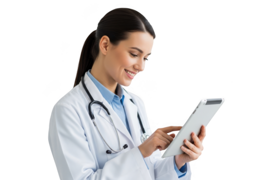 Smiling female doctor in white coat with stethoscope using a tablet, isolated on transparent background