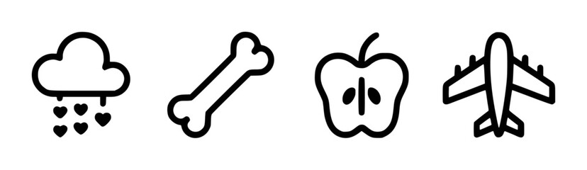 Collection of Four Simple Outline Icons Featuring a Cloud with Hearts Rain a Dog Bone an Apple Slice and an Airplane