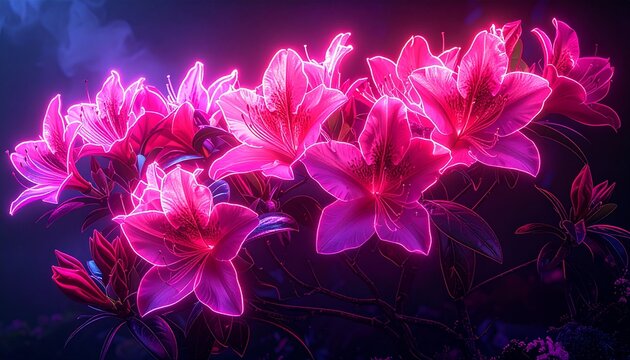 Neon Pink Azaleas Vibrant Floral Glow in Dark Background