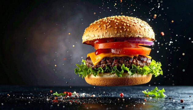 Captivating gourmet beef hamburger with fresh ingredients floating in a dynamic dark environment, a modern culinary concept showcasing an artistic food presentation. - Powered by Adobe