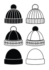 Collection of six black and white winter hats with pom poms and patterned bands beanie