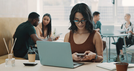 Phone, research and reading with business woman in office for social media, branding manager and contact. Campaign marketing, network and text message with person and laptop for chat and app