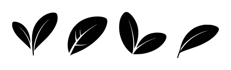 Four black silhouette leaf shapes with subtle vein details on white background plant